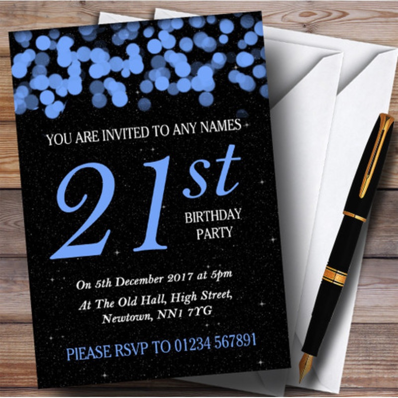 Blue Bokeh and Stars 21st Personalised Birthday Party Invitations – The Card Zoo