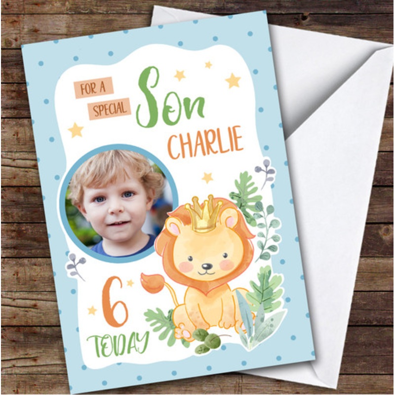 Boy’s Lion Blue Photo Son 6th Birthday Personalised Birthday Card – The Card Zoo