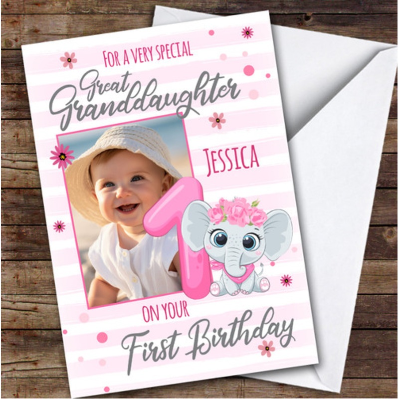 Great Granddaughter 1st Pink Floral Elephant Photo Personalised Birthday Card – The Card Zoo