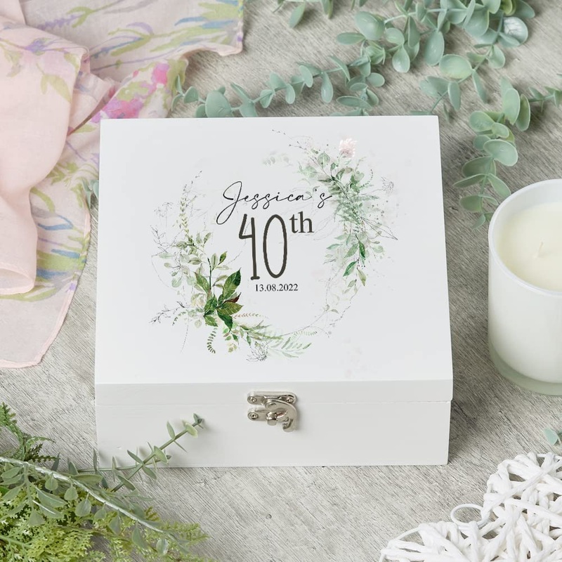 Personalised 40th Birthday Keepsake Wooden Box Gift With Botanical Design