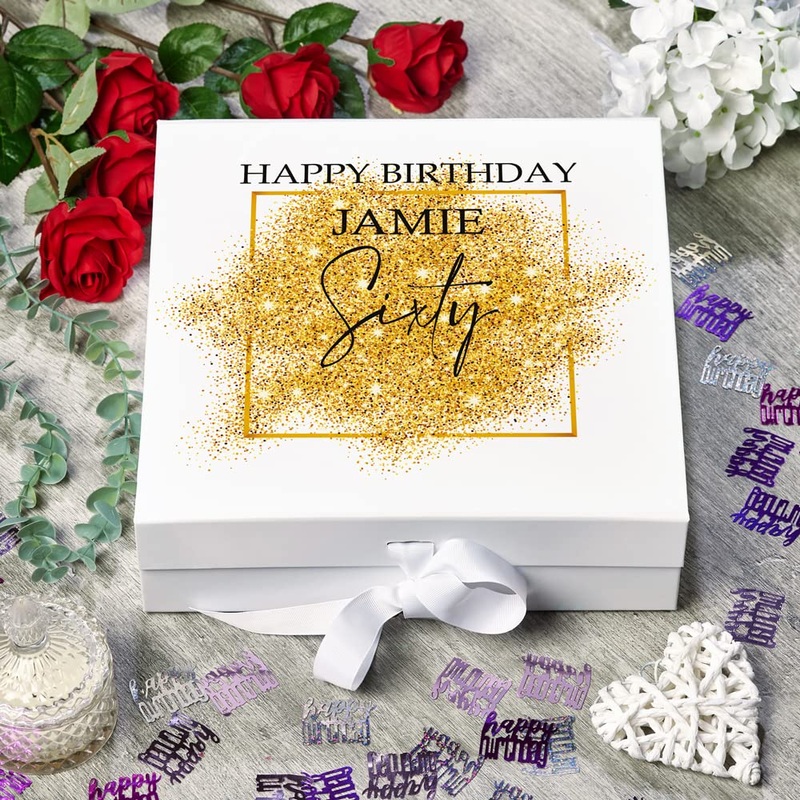 Personalised 60th Birthday Gift Keepsake Memory Box Gold Sparkles Design