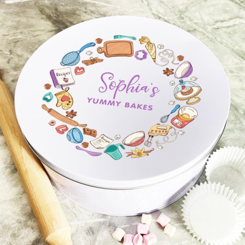 Personalised Round Baking Bright Yummy Bakes Biscuit Baking Sweets Cake Tin – The Card Zoo