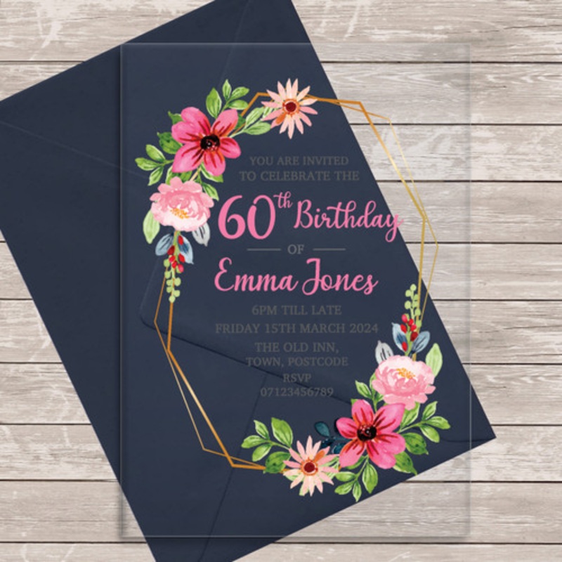 60th Or Any Age Party Pink Floral Frame Acrylic Clear Birthday Party Invitations – The Card Zoo