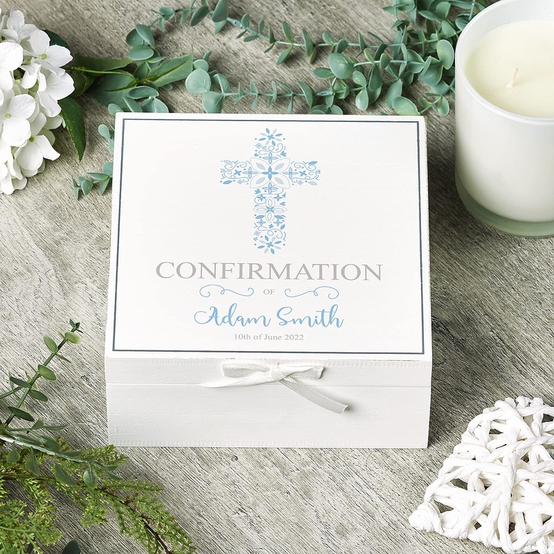 Personalised Confirmation Day Vintage Wooden Box Gift With Blue Cross