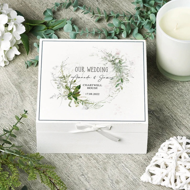 Personalised Wedding Day Vintage Wooden Box Gift With Green Ferns
