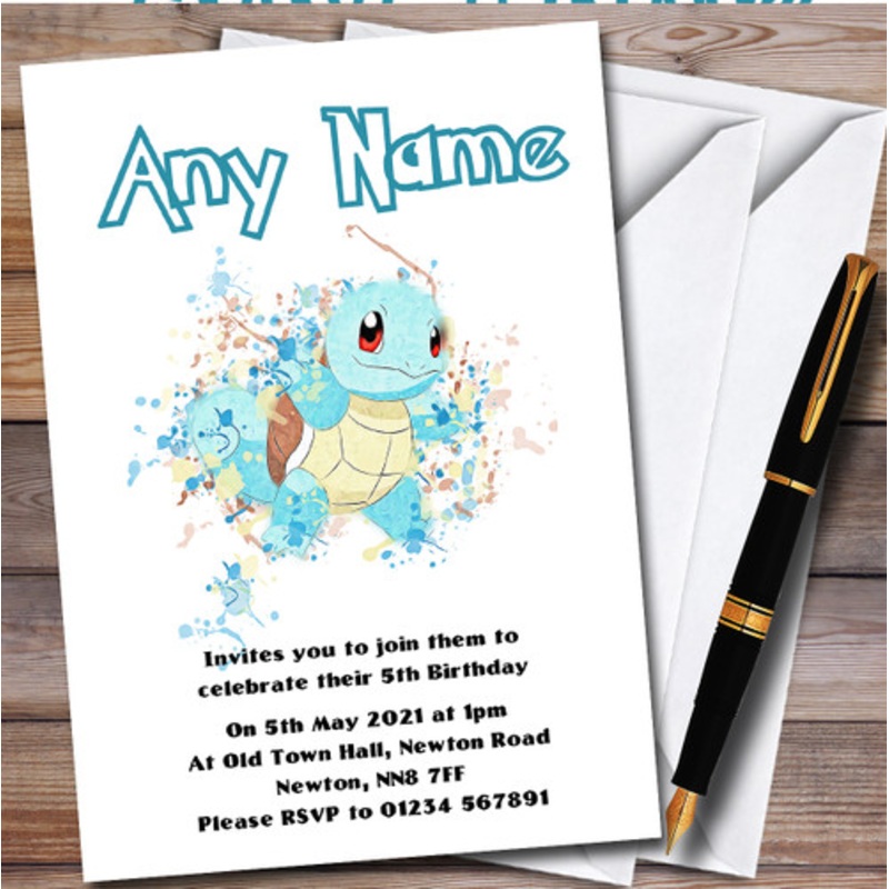 Squirtle Pokemon Splatter Art Personalised Children’s Birthday Party Invitations – The Card Zoo