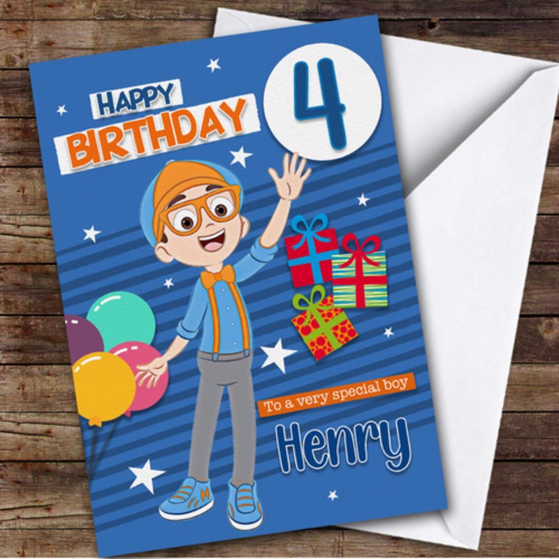 Blue Background Blippi Balloons Any Age Personalised Kid’s Birthday Card – The Card Zoo