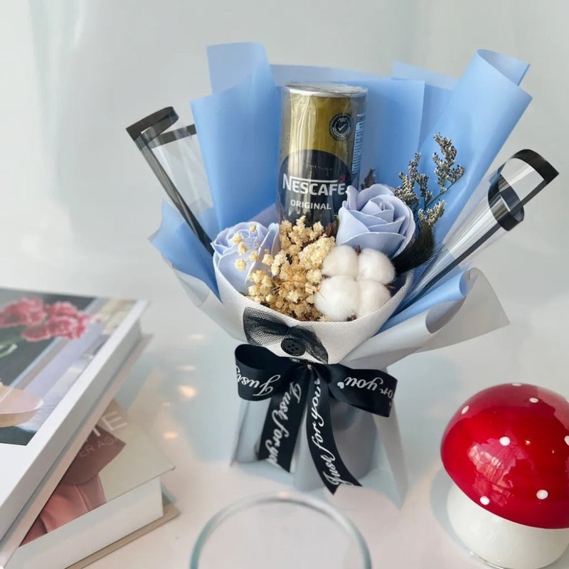 Coffee with Artificial Soap Rose Cotton Flower Bouquet (West Malaysia Delivery Only)