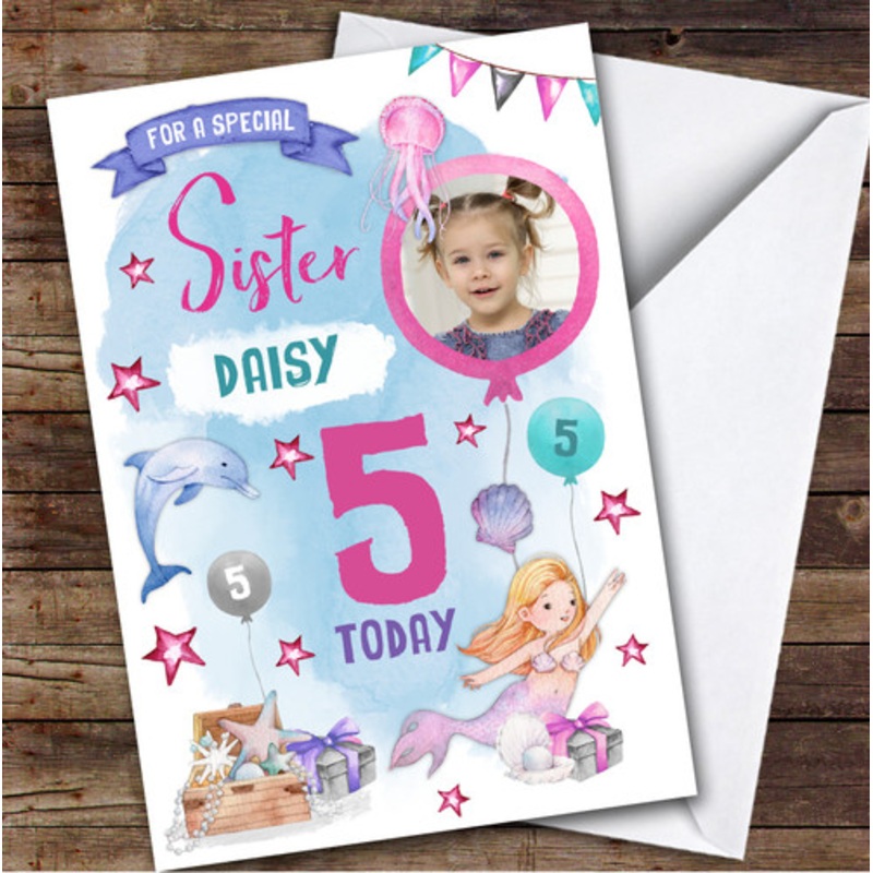 Girl’s Mermaid Dolphin Photo Sister 5th Birthday Personalised Birthday Card – The Card Zoo