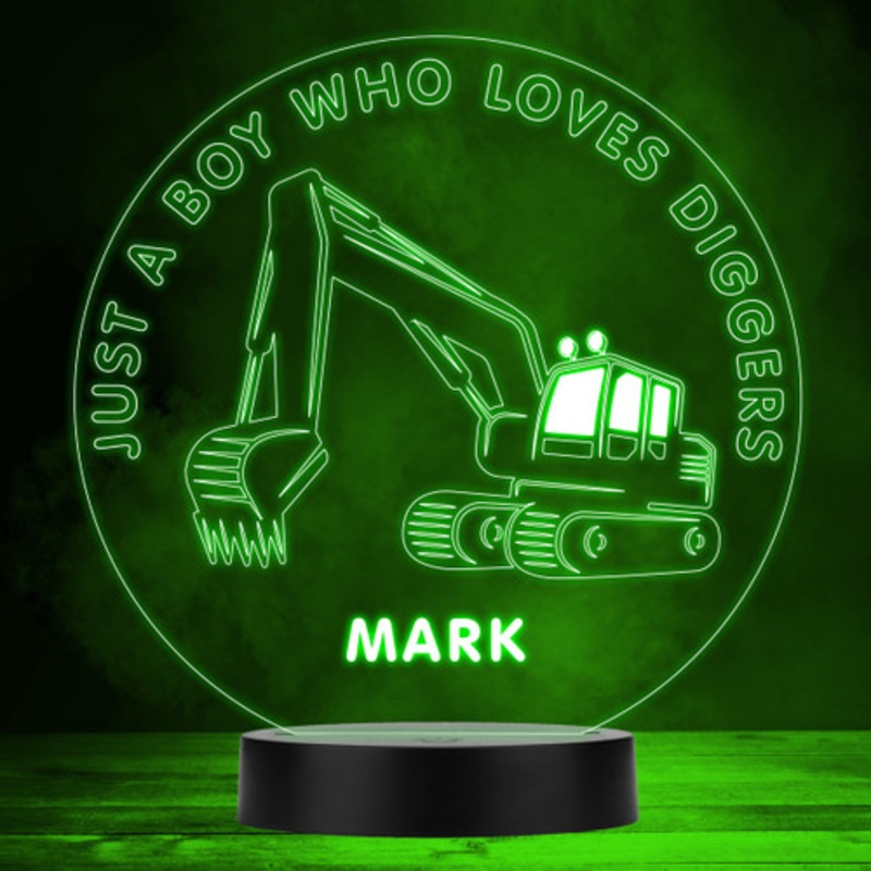 Just A Boy Who Loves Diggers Kids Round Personalised Gift RGB LED Night Light – The Card Zoo