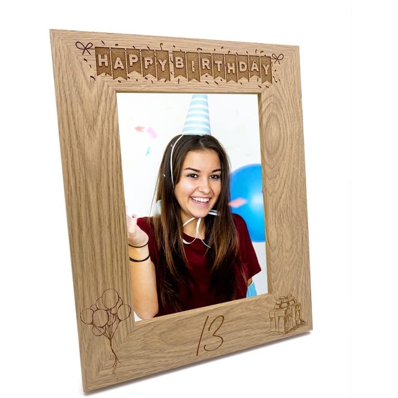 13th Birthday Photo Frame Portrait Wooden Engraved Bunting Style Gift