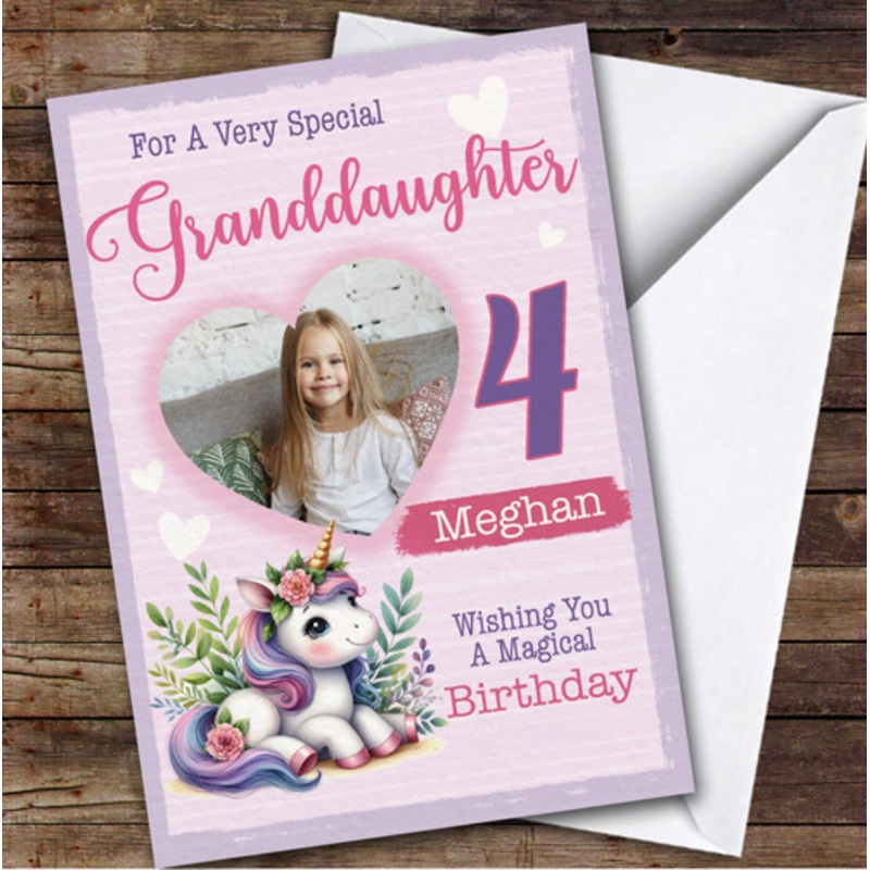 4th Granddaughter Floral Unicorn Heart Photo Custom Personalised Birthday Card – The Card Zoo