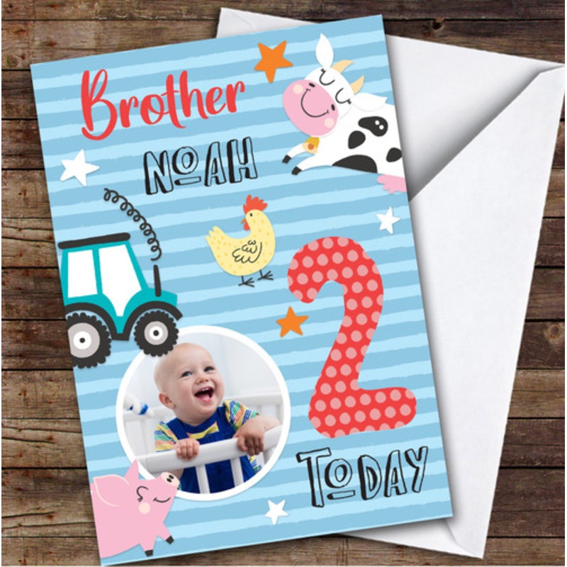 Boy’s Farm Animals Photo Brother 2nd Birthday Personalised Birthday Card – The Card Zoo