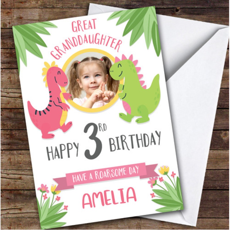 Dinosaur Pink Photo Great Granddaughter 3rd Custom Personalised Birthday Card – The Card Zoo