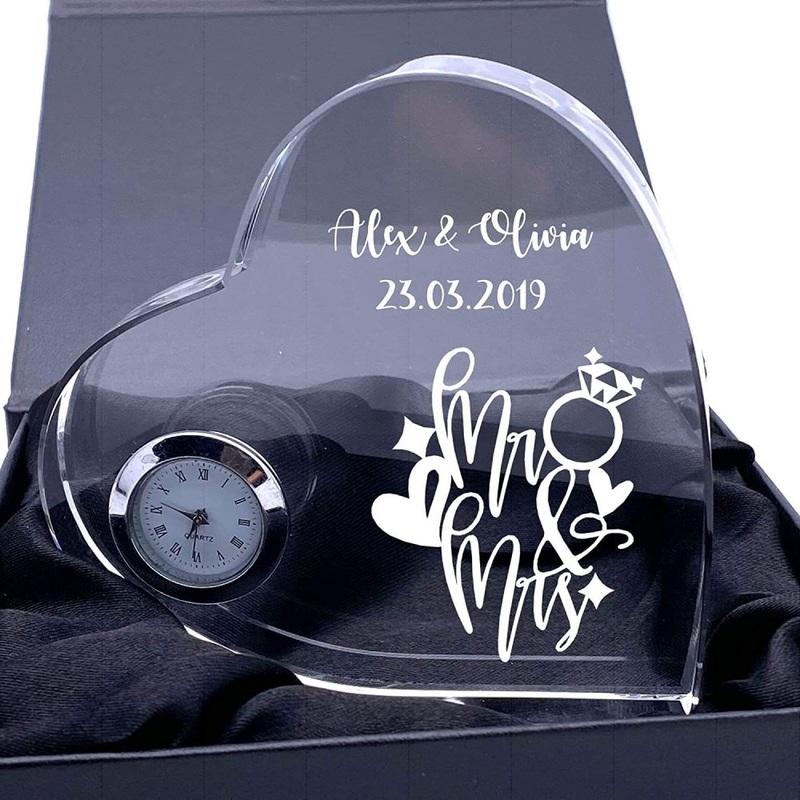 Engraved Heart Crystal Glass Clock Mr and Mrs Wedding Gift