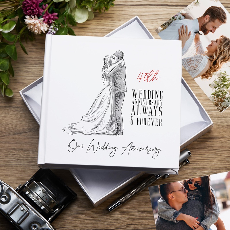 40th Wedding Anniversary Photo Album, White, Holds 50 Photos 6 x 4 , Gift Boxed