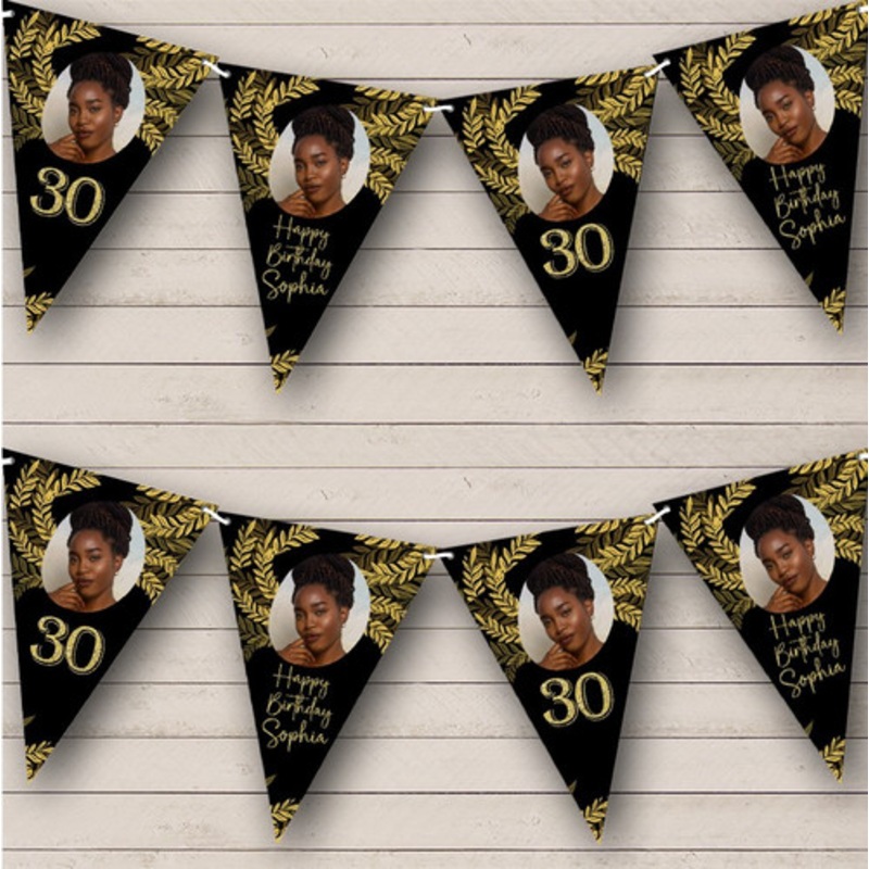 Black Gold Leaves Birthday Special Age Photo Personalised Party Banner Bunting – The Card Zoo