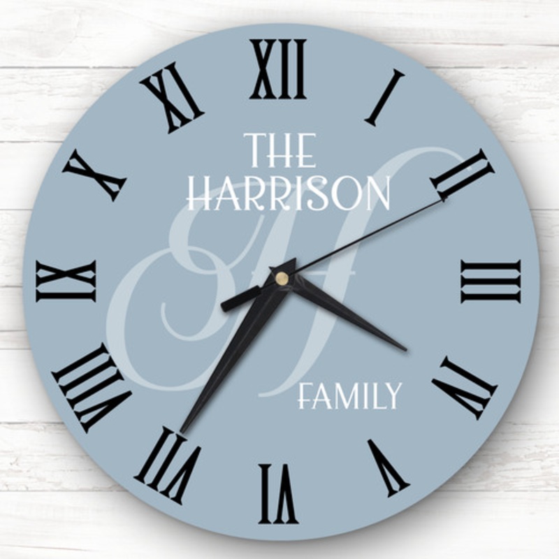 Dusky Blue Family Name Initial Personalised Gift Personalised Clock – The Card Zoo