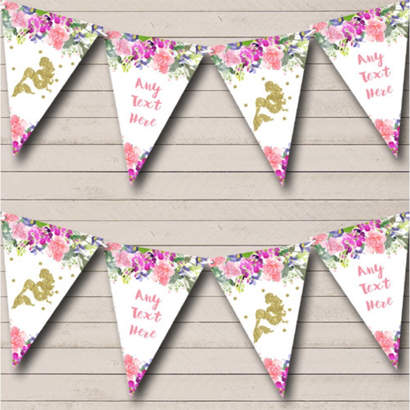 Floral Gold Mermaid Personalised Children’s Party Bunting – The Card Zoo