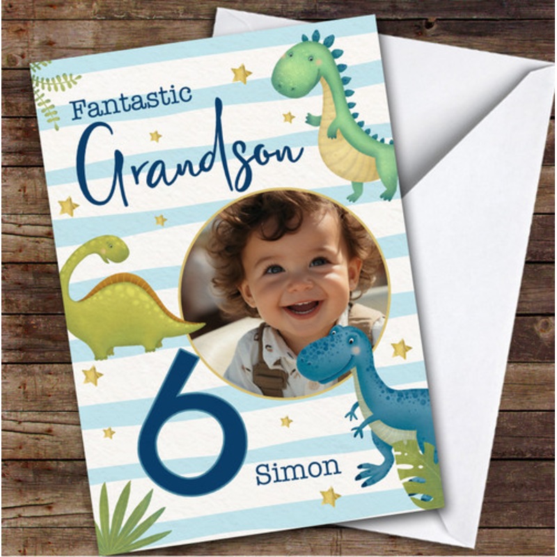 Grandson 6th Watercolour Dinosaurs Photo Boys Custom Personalised Birthday Card – The Card Zoo
