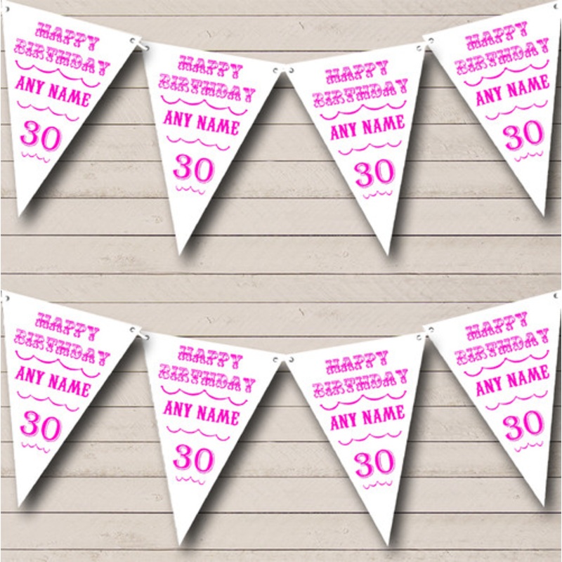 Vintage Text Any Age Birthday White And Pink Personalised Birthday Party Bunting – The Card Zoo