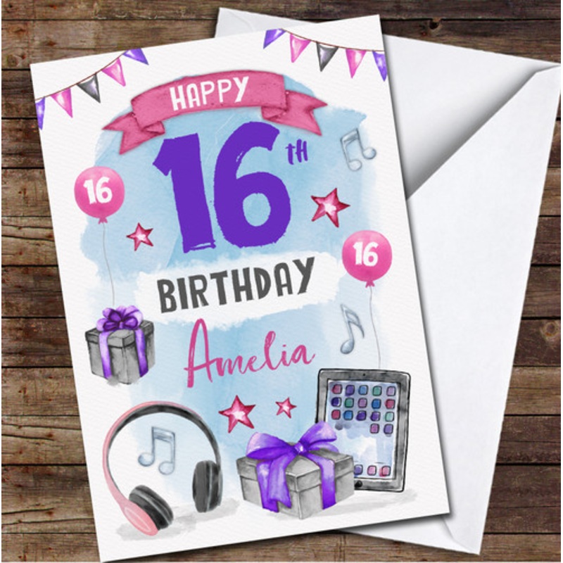 16th Girl Purple Music Headphones Online Pink Any Age Personalised Birthday Card – The Card Zoo