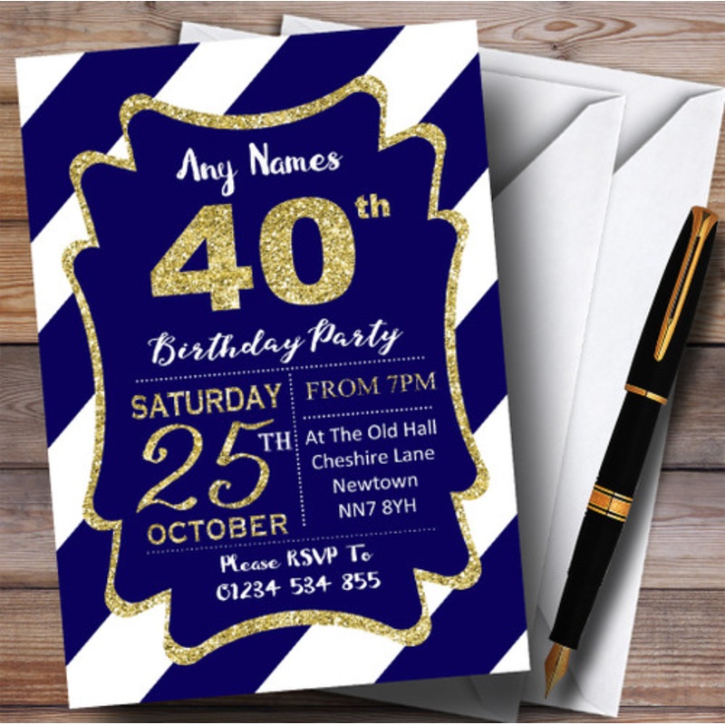 Blue White Diagonal Stripes Gold 40th Personalised Birthday Party Invitations – The Card Zoo