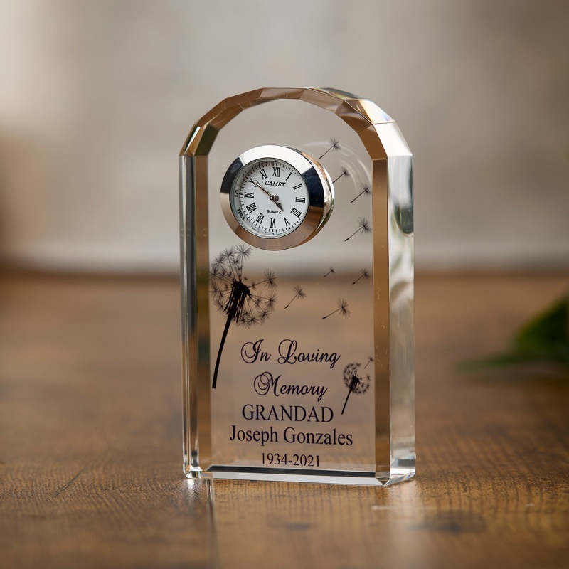 Personalised Condolence Gift Crystal Glass Clock Grandad In Loving Memory
