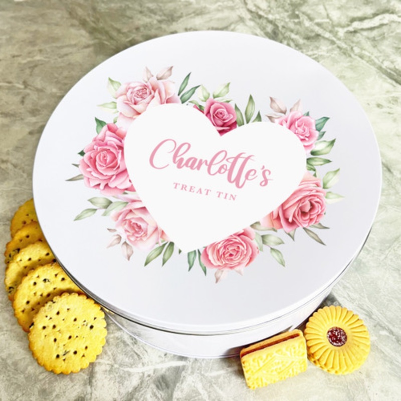 Personalised Round Heart Rose Wreath Biscuit Sweets Cake Treat Tin – The Card Zoo