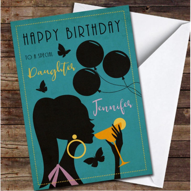 Special Daughter Retro Girl With Cocktail Teal Personalised Birthday Card – The Card Zoo