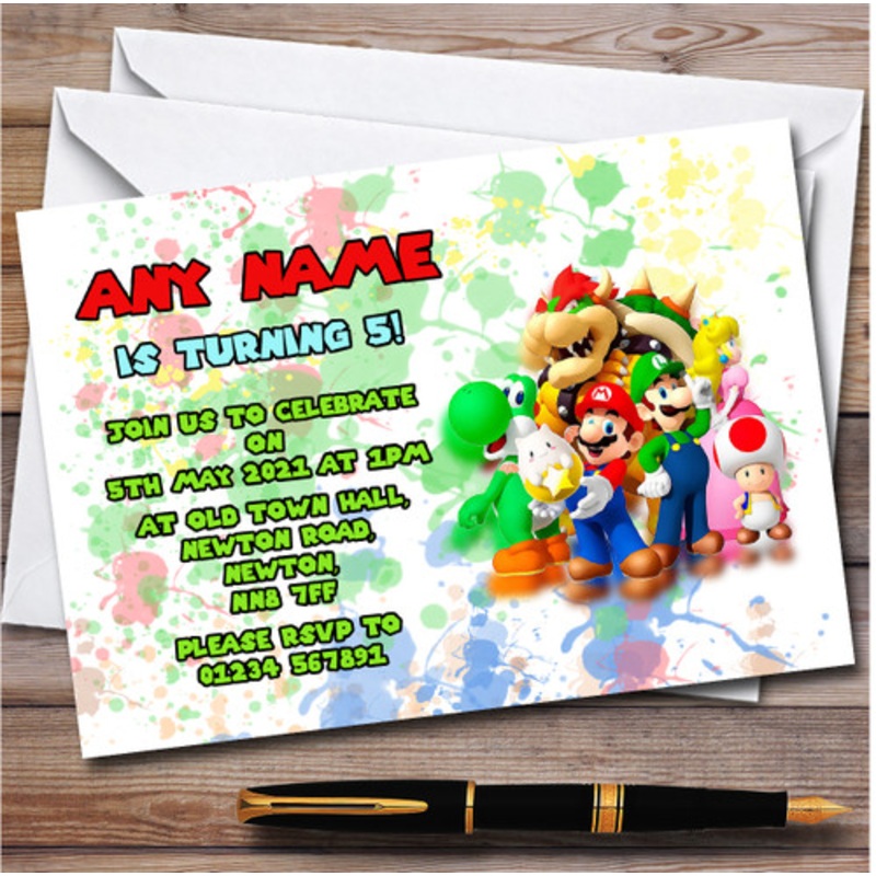 Super Mario Gang Splatter Art Card Children’s Birthday Party Invitations – The Card Zoo