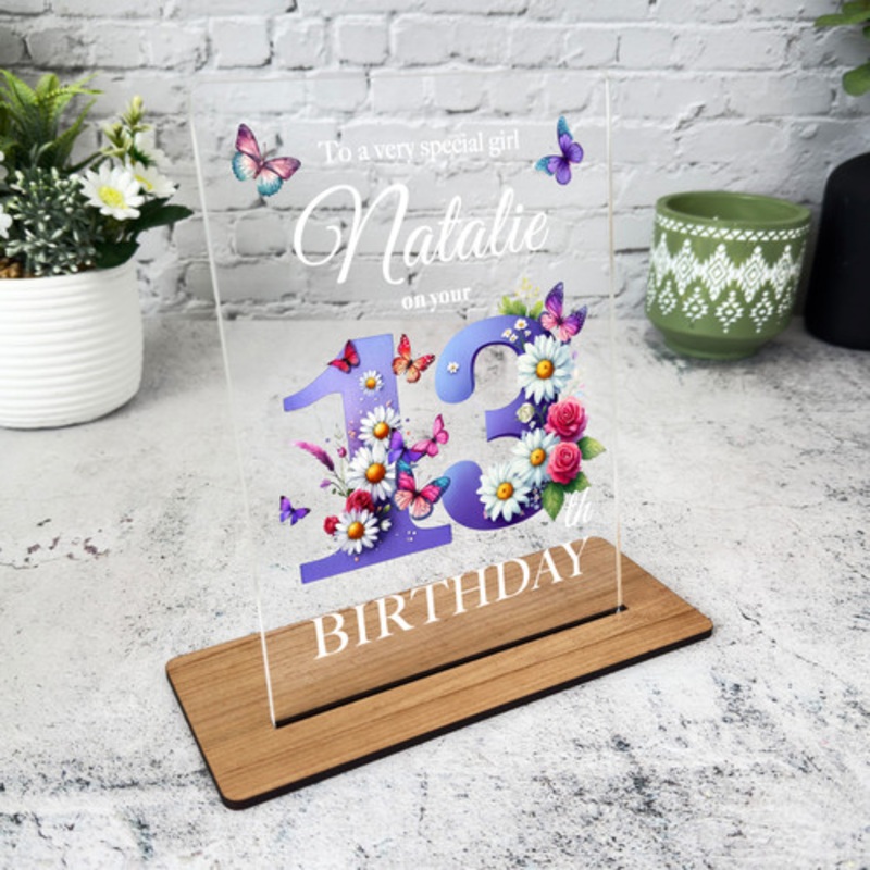 13th Birthday Gift Purple Floral Butterflies Heart Personalised Gift Plaque – The Card Zoo