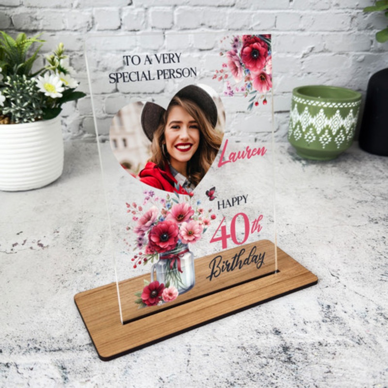 40th Birthday Gift For Her Pink Flowers Jar Heart Photo Personalised Gift Plaque – The Card Zoo