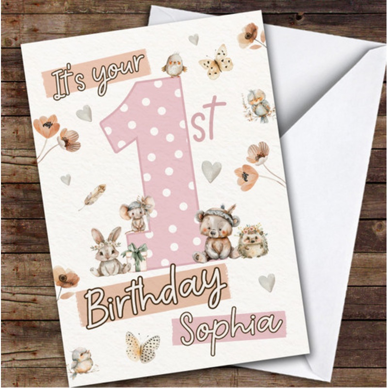 a 1st Watercolour Woodland Animals Custom Personalised Birthday Card – The Card Zoo