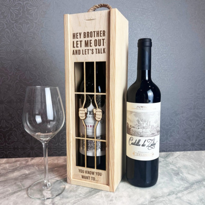 Brother Let Me Out Lets Talk Prison Bars Wooden Rope Single Bottle Wine Gift Box – The Card Zoo