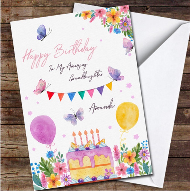 Granddaughter Rainbow Watercolour Cake Balloon Flowers Birthday Card – The Card Zoo