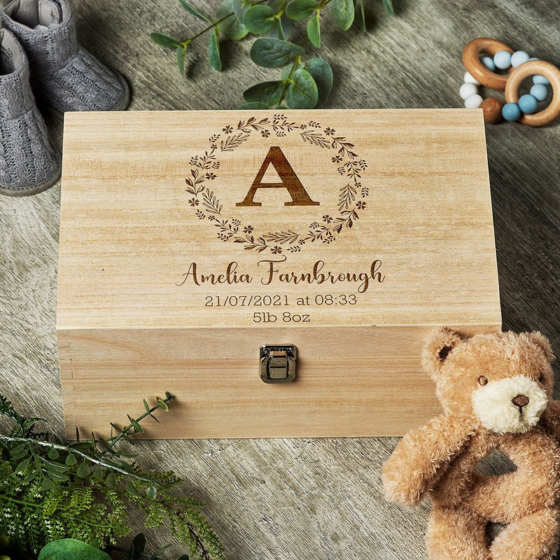 Personalised New Baby wooden Keepsake Box Wreath and Alphabet Design