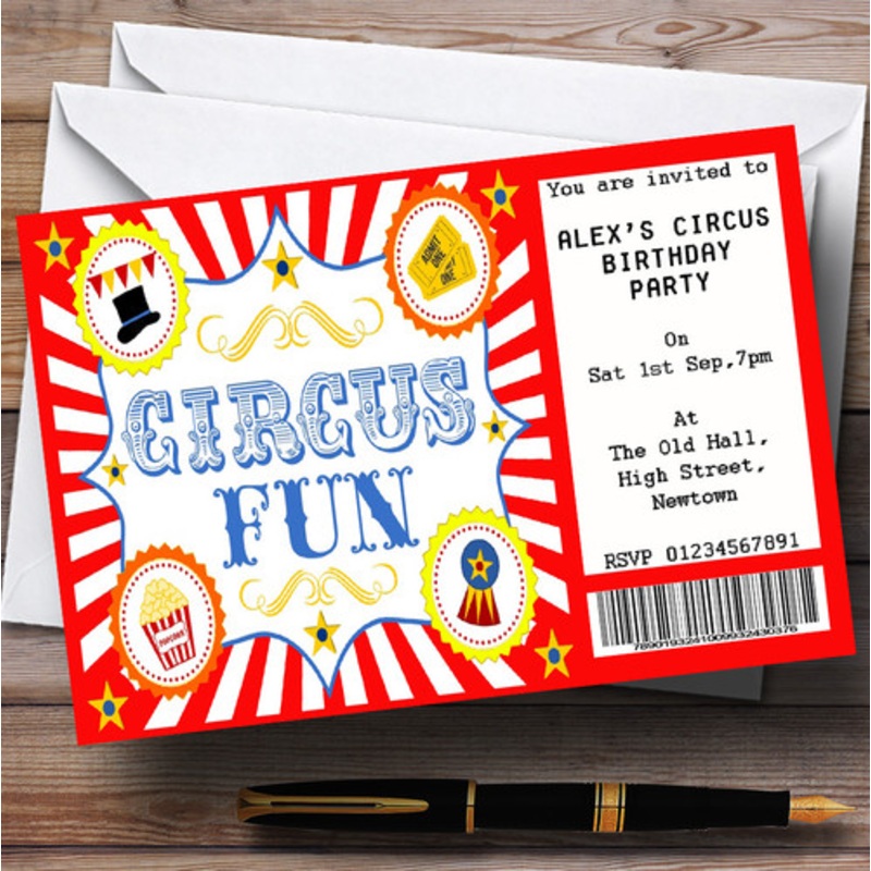 Red Circus Ticket Theme Personalised Birthday Party Invitations – The Card Zoo