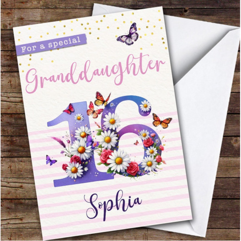 16th Granddaughter Purple Floral Butterflies Teenager Personalised Birthday Card – The Card Zoo