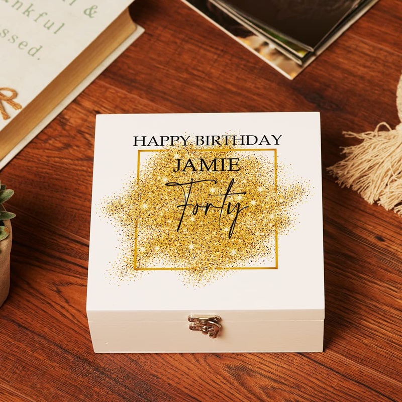 Personalised Medium 40th Birthday Gift Keepsake Wooden Box With Gold Sparkles