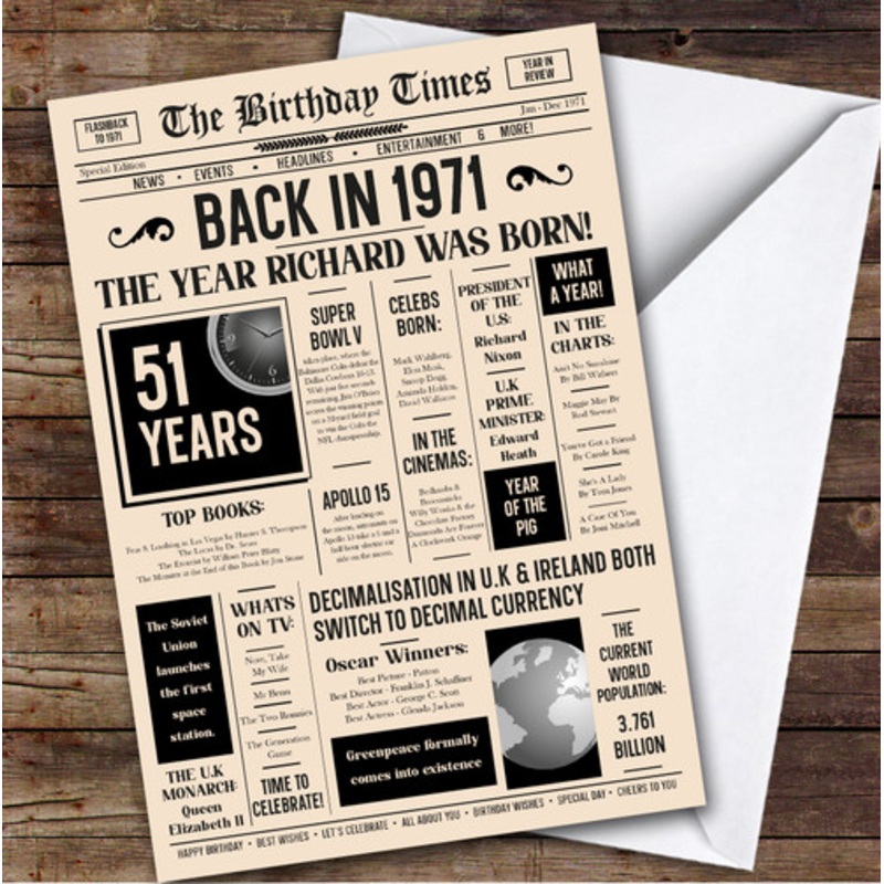 1971 Newspaper Any Age Any Year You Were Born Facts Personalised Birthday Card – The Card Zoo