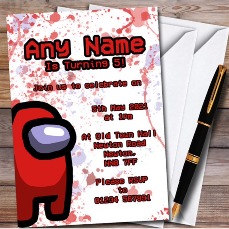 Among Us Red Splatter Art Children’s Personalised Birthday Party Invitations – The Card Zoo