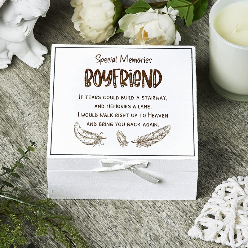 Boyfriend Remembrance Memory White Keepsake Box With Feather Design