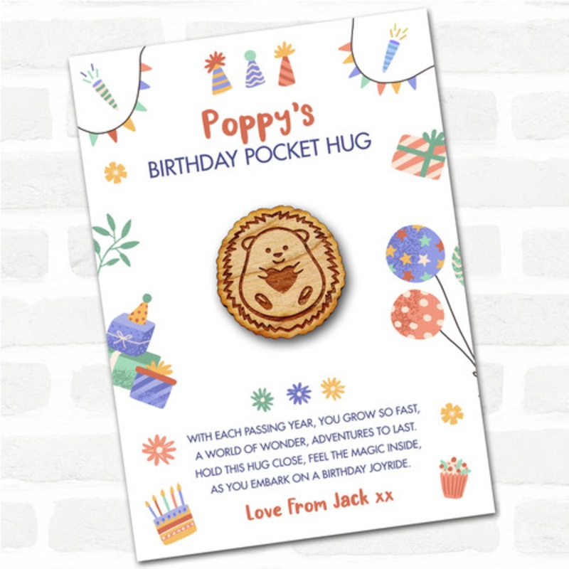 Hedgehog Hugging Heart Kid’s Birthday Hats Cakes Personalised Gift Pocket Hug – The Card Zoo