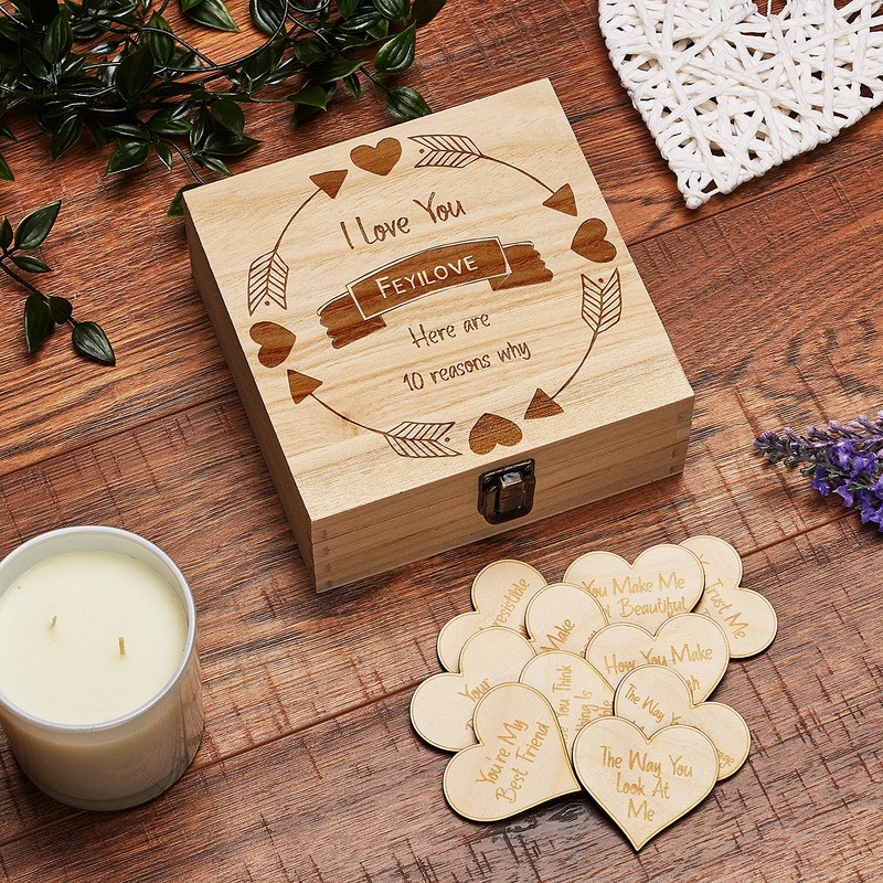 10 Reasons why I Love You Wooden Box and Hearts Gift Personalised
