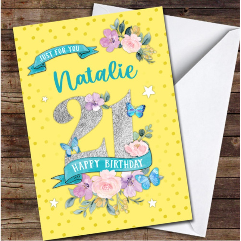 21st Female Flowers Butterfly Yellow Any Age Personalised Birthday Card – The Card Zoo