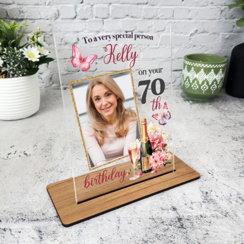 70th Birthday Gift For Her Champagne Butterflies Photo Personalised Gift Plaque – The Card Zoo