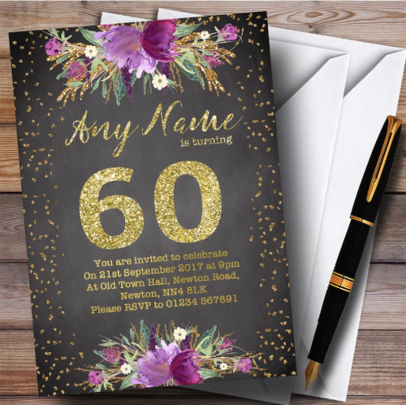 Chalk Watercolour Purple Gold 60th Personalised Birthday Party Invitations – The Card Zoo