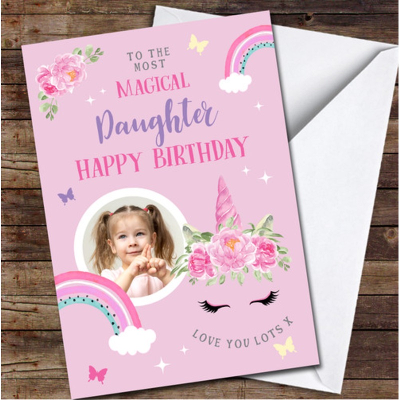 Daughter Birthday Pink Rainbow Unicorn Flowers Pretty Photo Personalised Card – The Card Zoo