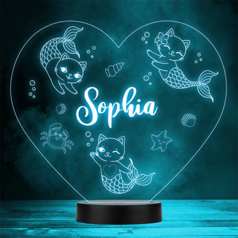 Girls Cure Mermaid Cats With Bubbles Heart Personalised Gift Colour Night Light – The Card Zoo